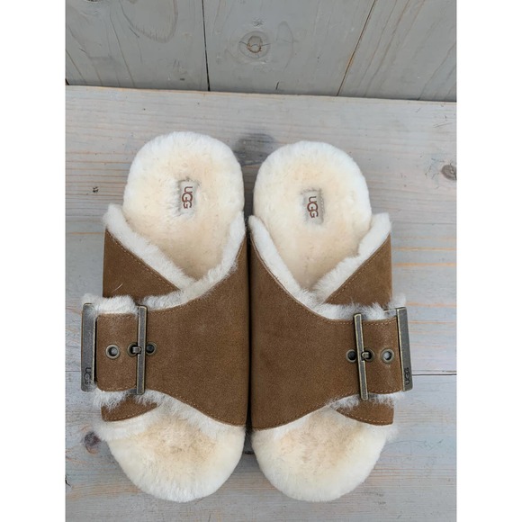 UGG OUTSLIDE BUCKLE CHESTNUT FUR SANDALS SLIPPERS US 8 NIB - Picture 1 of 7